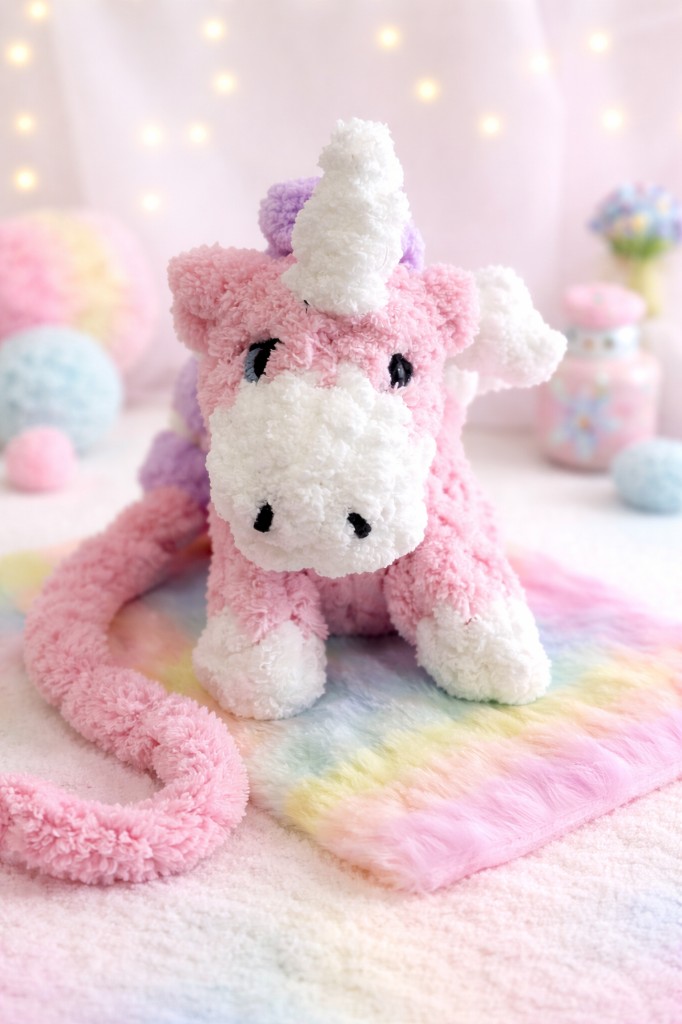 A pink and white finger-knit unicorn stuffie on a pastel rainbow blanket.