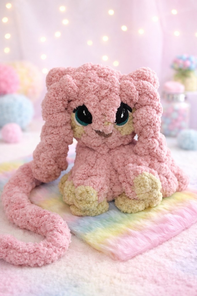 A pink finger-knit stuffie with long ears and large eyes, sitting on a pastel blanket.