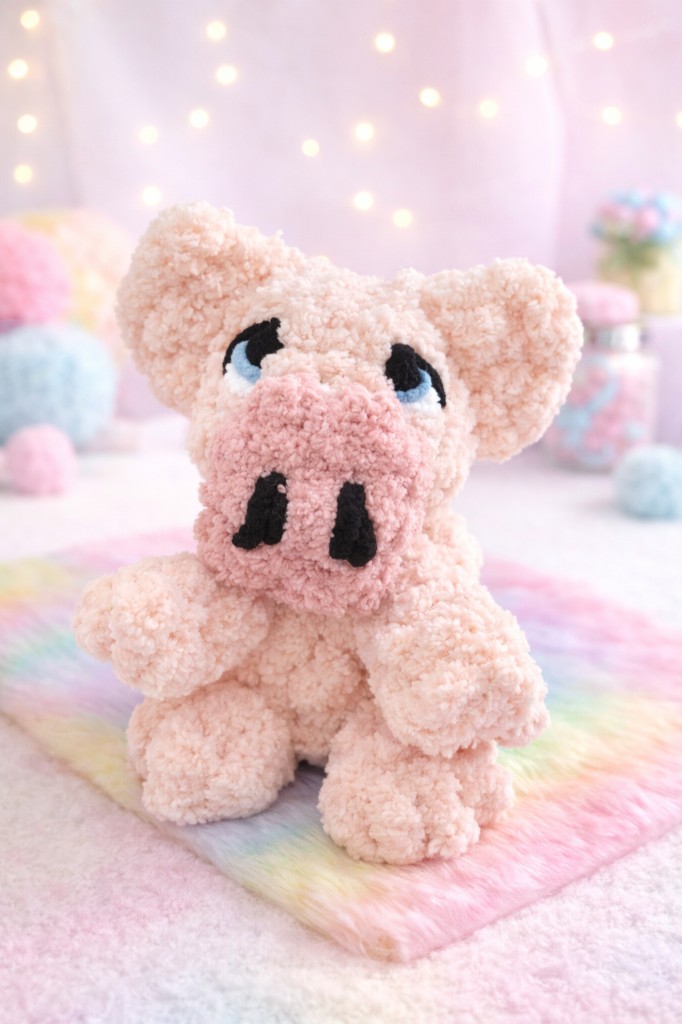 A peach finger-knit pig stuffie sitting on a pastel rainbow blanket.