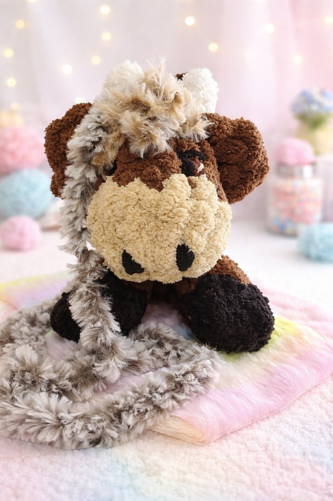 A brown finger-knit highland cow stuffie with a long fuzzy tail on a pastel blanket.